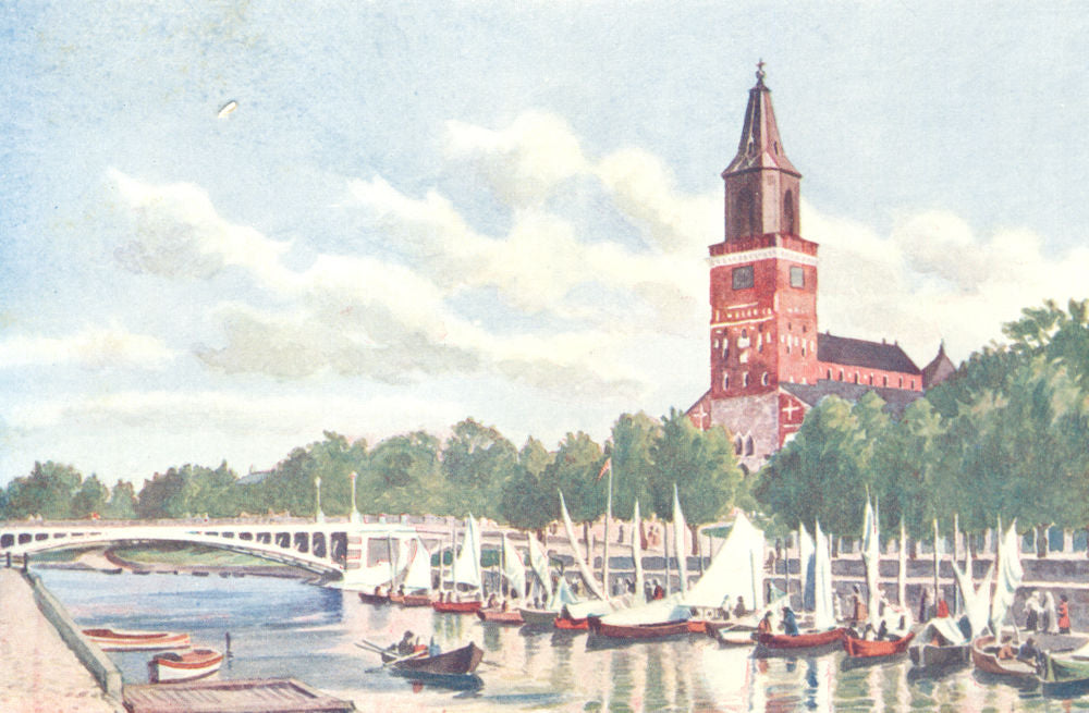 FINLAND. Åbo Cathedral, and Market Boats 1908 old antique print picture